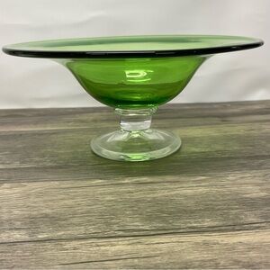 Vintage Mid-Century Italian Empoli Green Glass Tazza Compote Clear Foot Bowl 11"